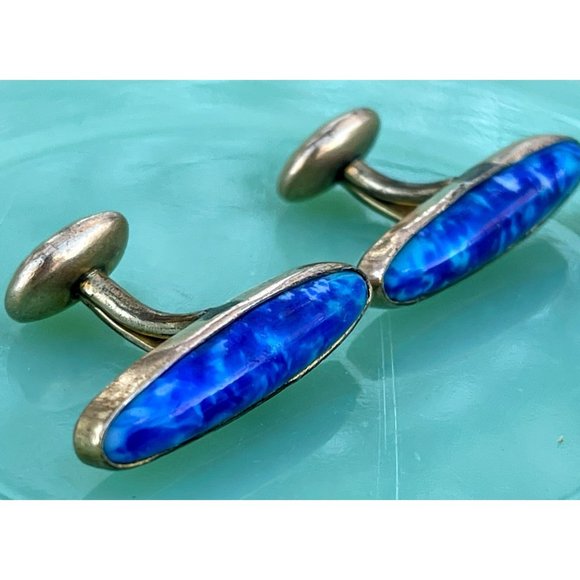 Antique Gold Filled Cufflinks Blue white Lapis style Glass - Picture 5 of 9